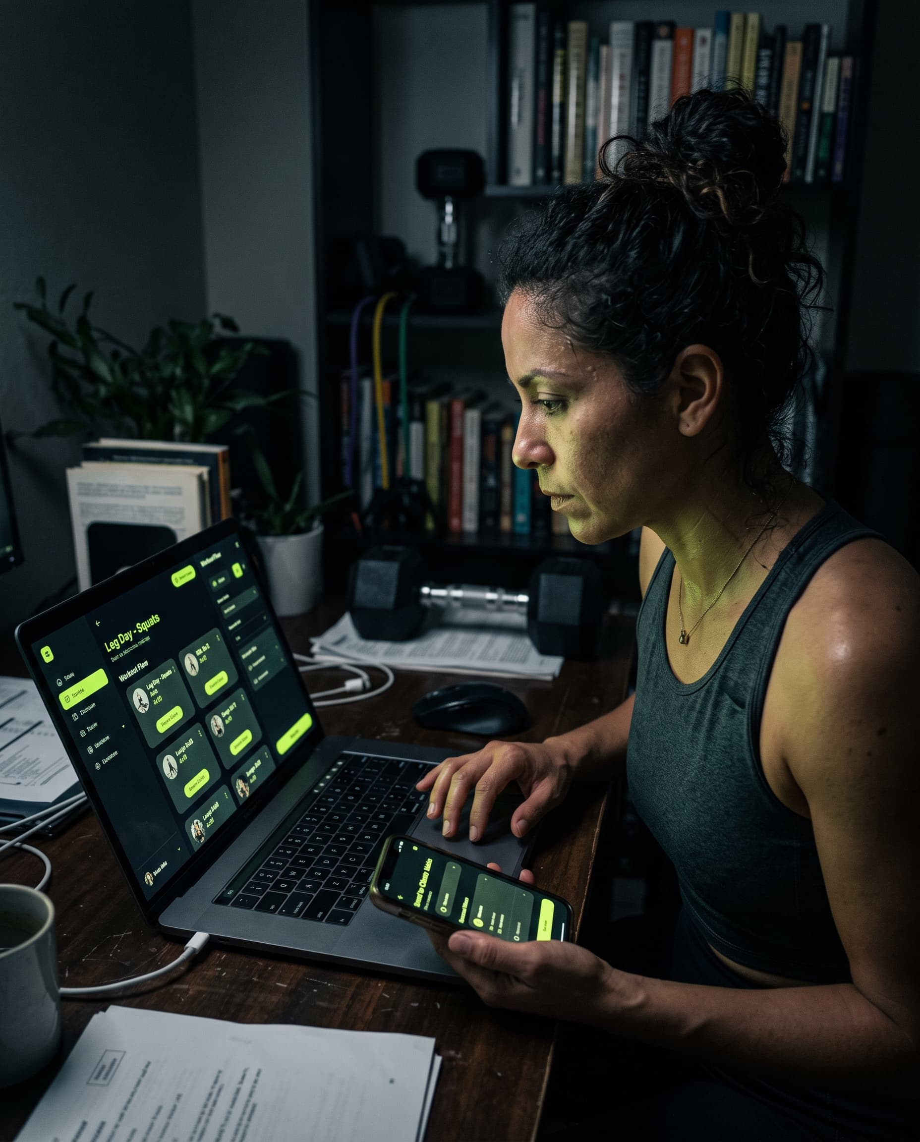 A trainer at a laptop building a leg-day workout in the Live Elevated app, phone in hand sending it to a client.