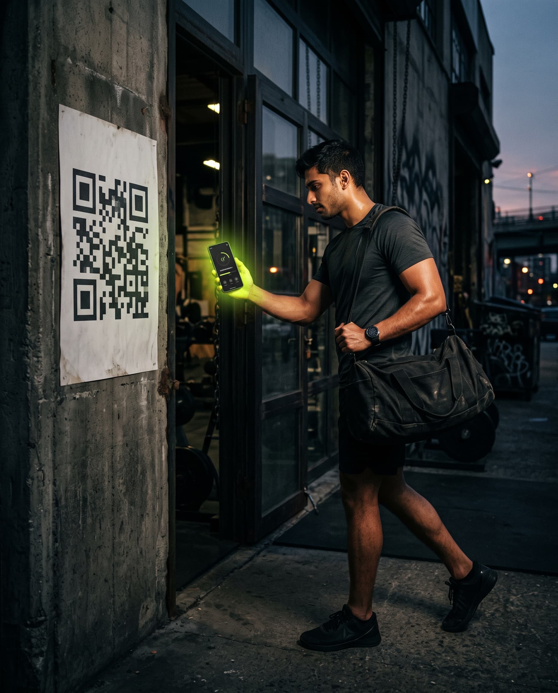 A gym member scanning a QR poster at the entrance, the workout opening in the Live Elevated app on his phone.