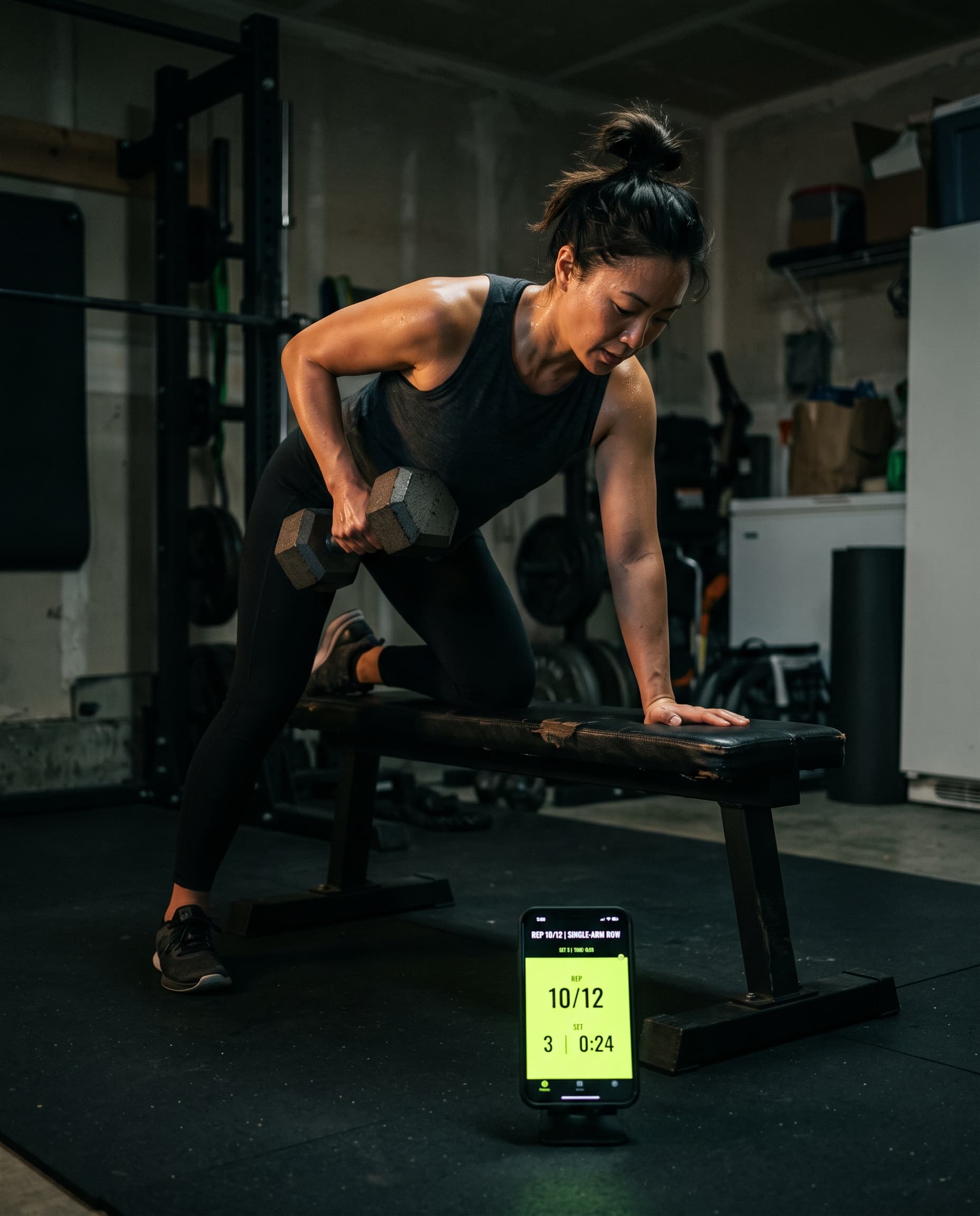 A woman training alone in a home gym, her phone propped up showing a live rep-and-set counter in the Live Elevated app.
